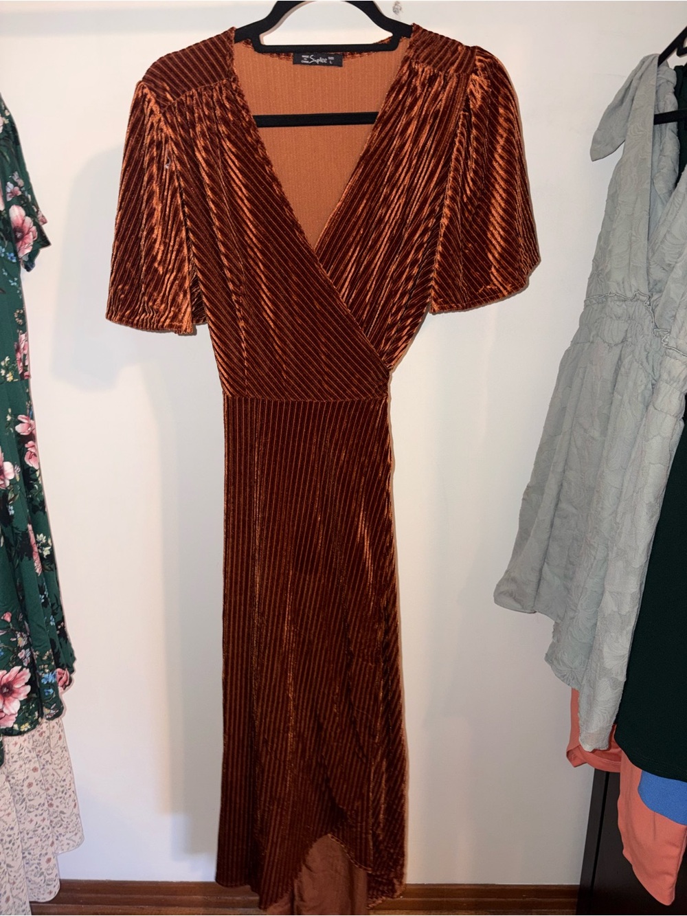 Simple Copper Velvet Wrap Maxi Dress